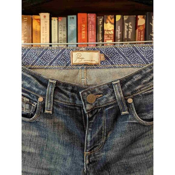 PAIGE sz 27 boot cut color distressed dark wash single button jeans euc - Picture 3 of 6